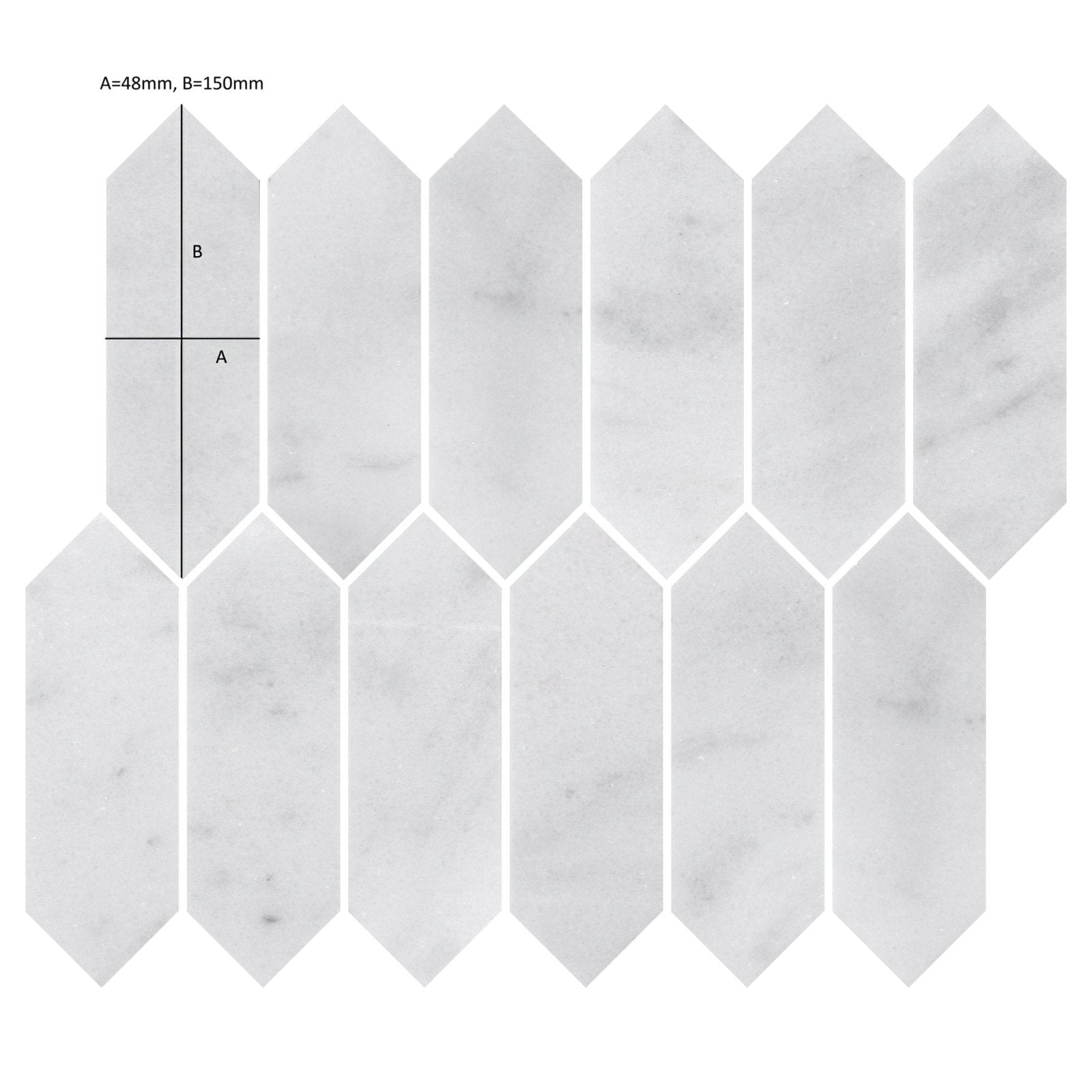 Carrara white marble picket mosaic tile featuring white hexagonal tiles with subtle gray veining