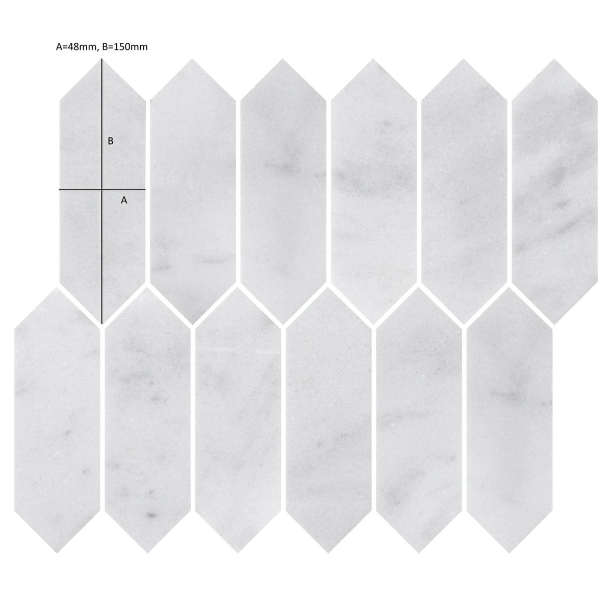 Carrara white marble picket mosaic tile featuring white hexagonal tiles with subtle gray veining