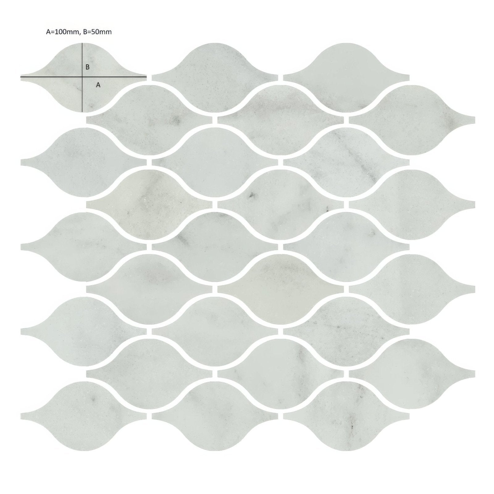 Carrara white marble teardrop mosaic tile with wavy elongated shapes and subtle gray veining for decorative use