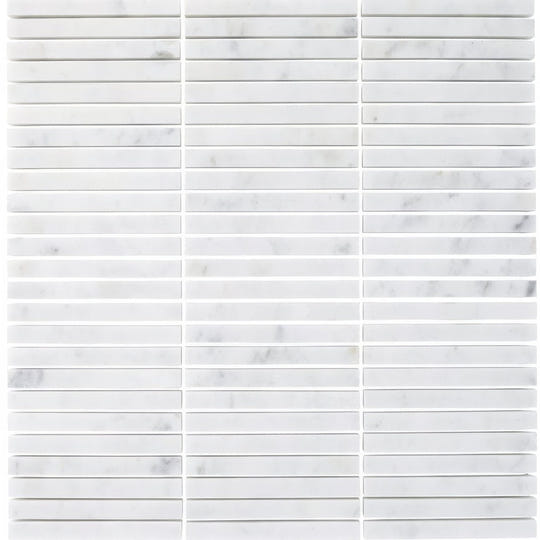 Carrara white stacked mosaic white marble tile with subtle gray veining arranged in horizontal strips