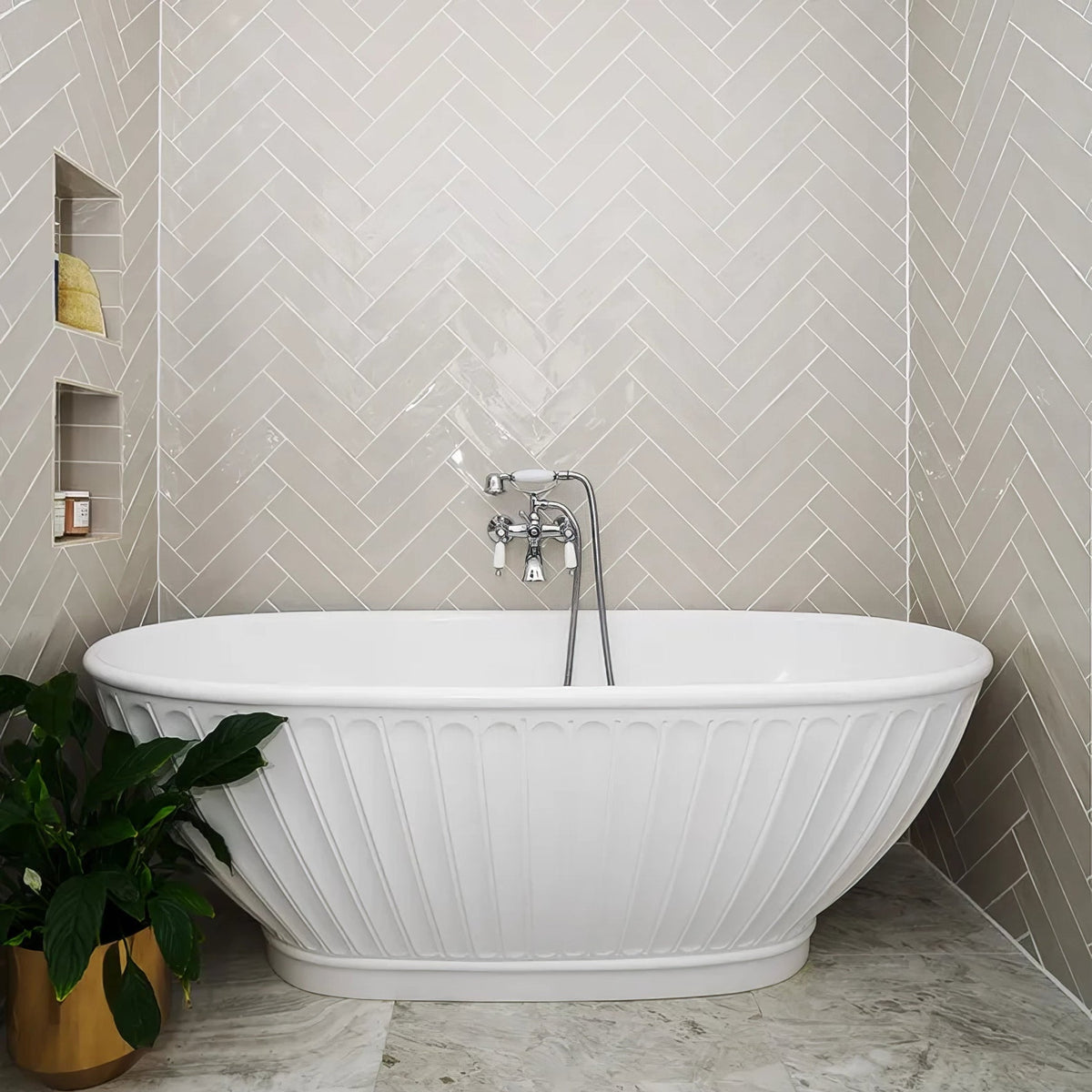 Carter Ceramic Ecru Wall Tile 30x7.5cm in a bathroom setting
