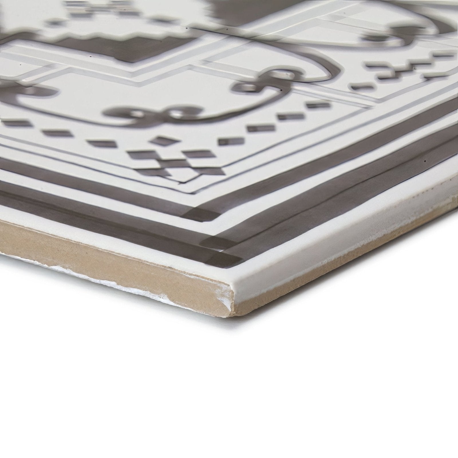 A casino dealer corner tile ceramic square with white and gray geometric pattern raised lines and beveled edge