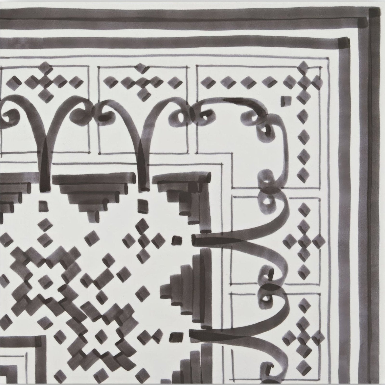 A black and white geometric patterned scarf with intricate arches diamond motifs and a bold border called Casino Dealer Corner Tile