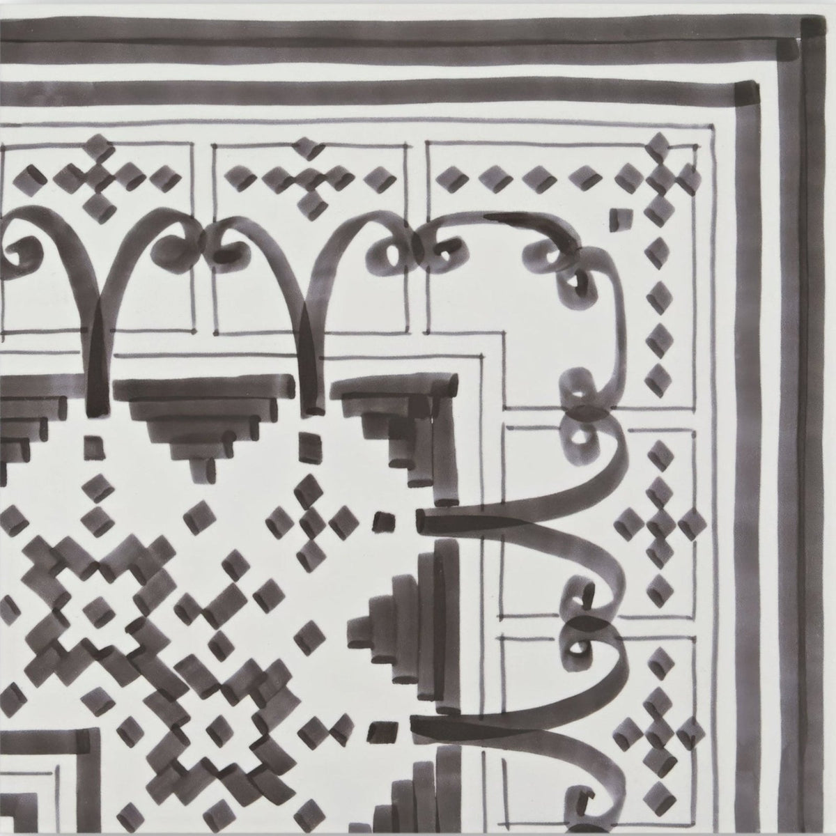 A black and white geometric patterned scarf with intricate arches diamond motifs and a bold border called Casino Dealer Corner Tile