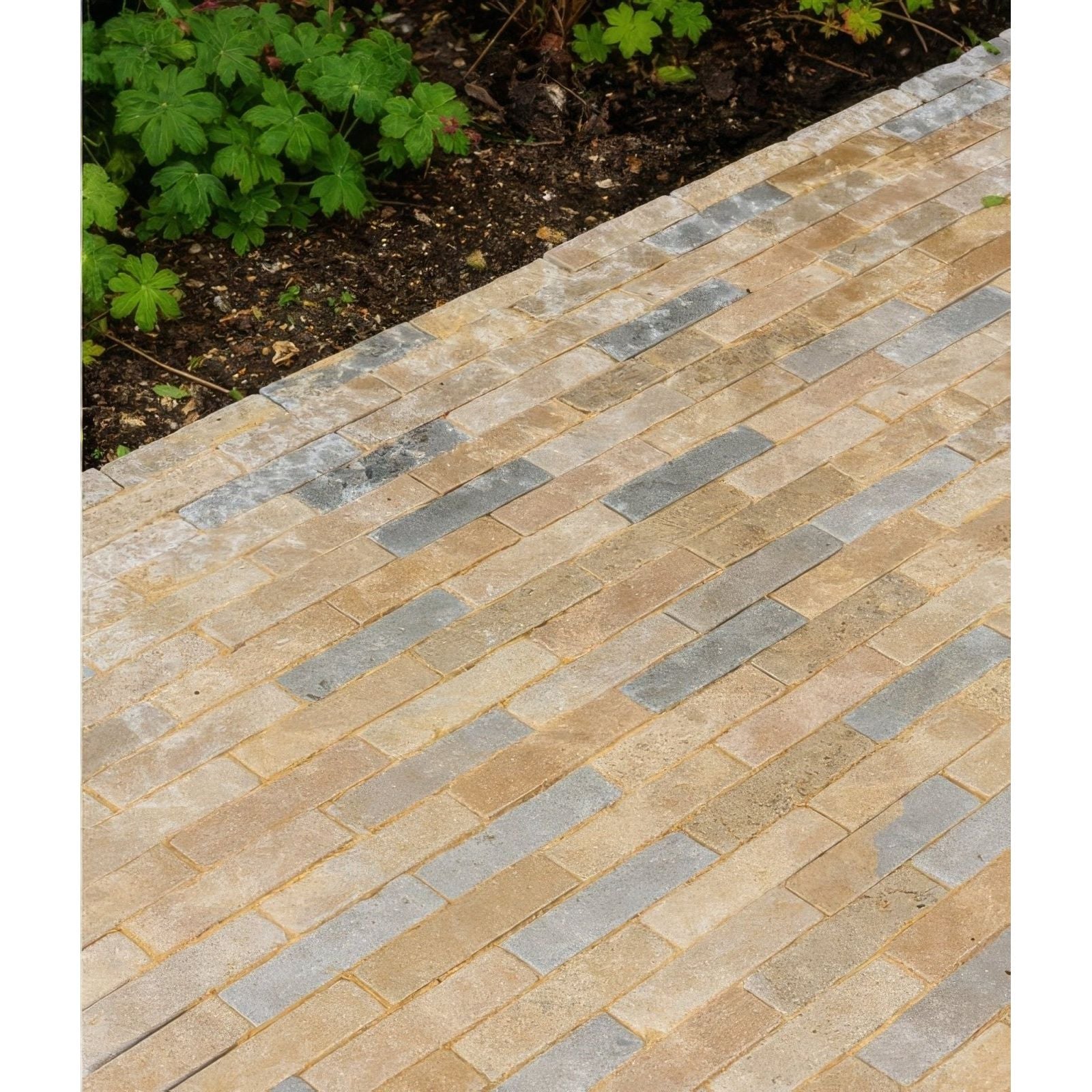 A patterned pathway paved with interlocking beige and gray castilan limestone tumbled klinkers bricks