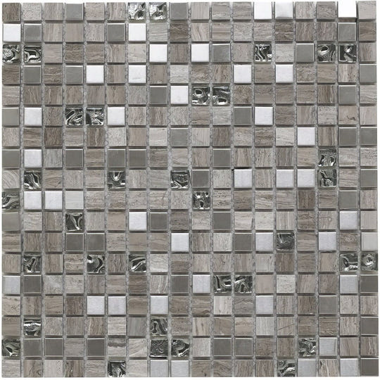 Cedar grey glass stone metal mix mosaic 15x15mm featuring gray silver textured stone polished marble and metallic accents