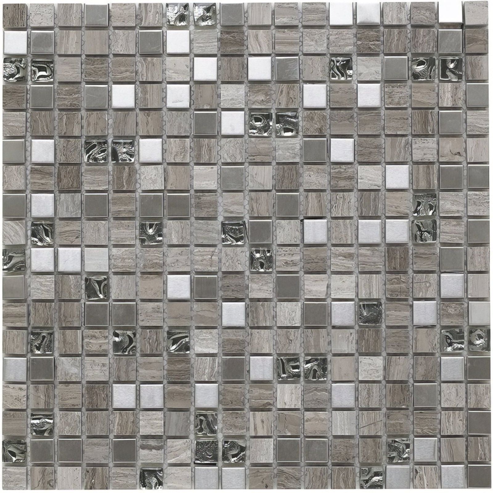 Cedar grey glass stone metal mix mosaic 15x15mm featuring gray silver textured stone polished marble and metallic accents