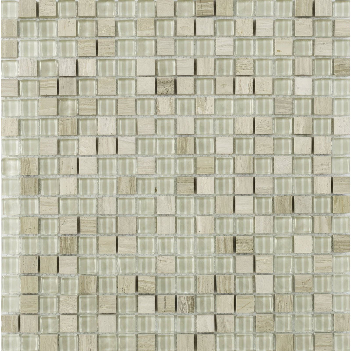 Beige and gray cedar wood glass and stone mix mosaic tile featuring translucent glass and stone-like squares