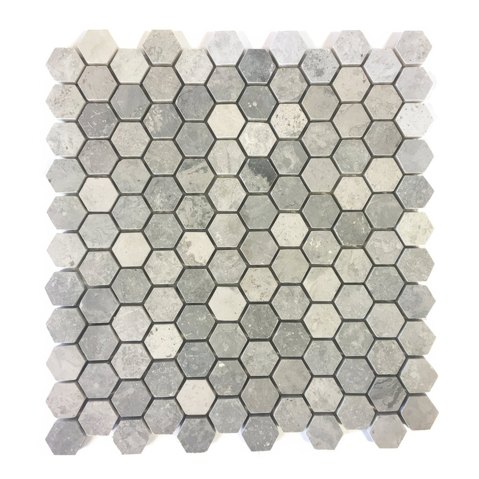 Cement small hexagon mosaic tile featuring gray stone with natural veining and subtle color variations