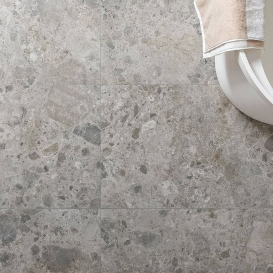 Gray stone-effect floor tiles ceppo gris 60 x 60cm with speckled natural texture for indoor use