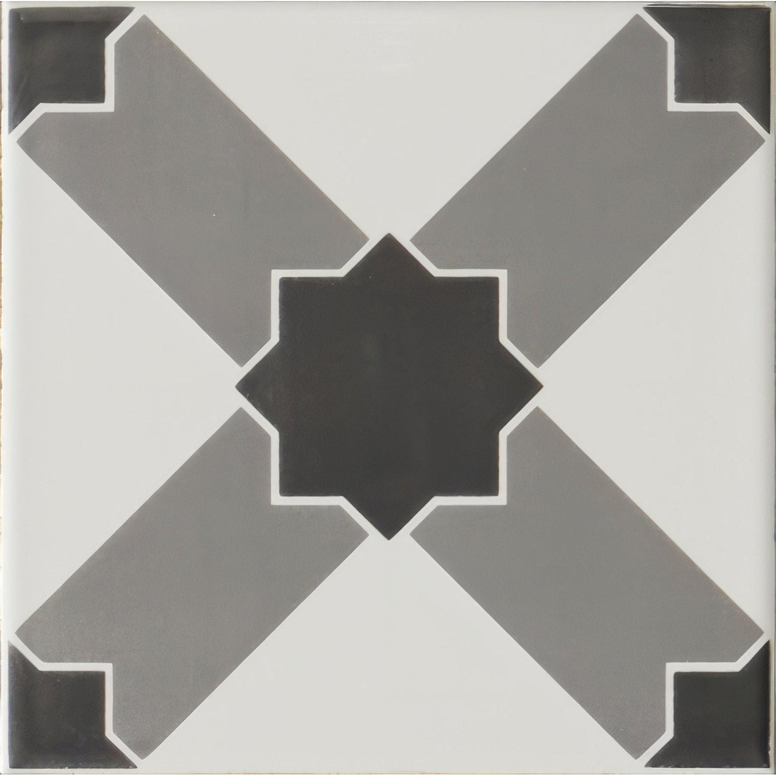 Chambray grey tile on brilliant white with gray and black geometric pattern featuring a central starburst design