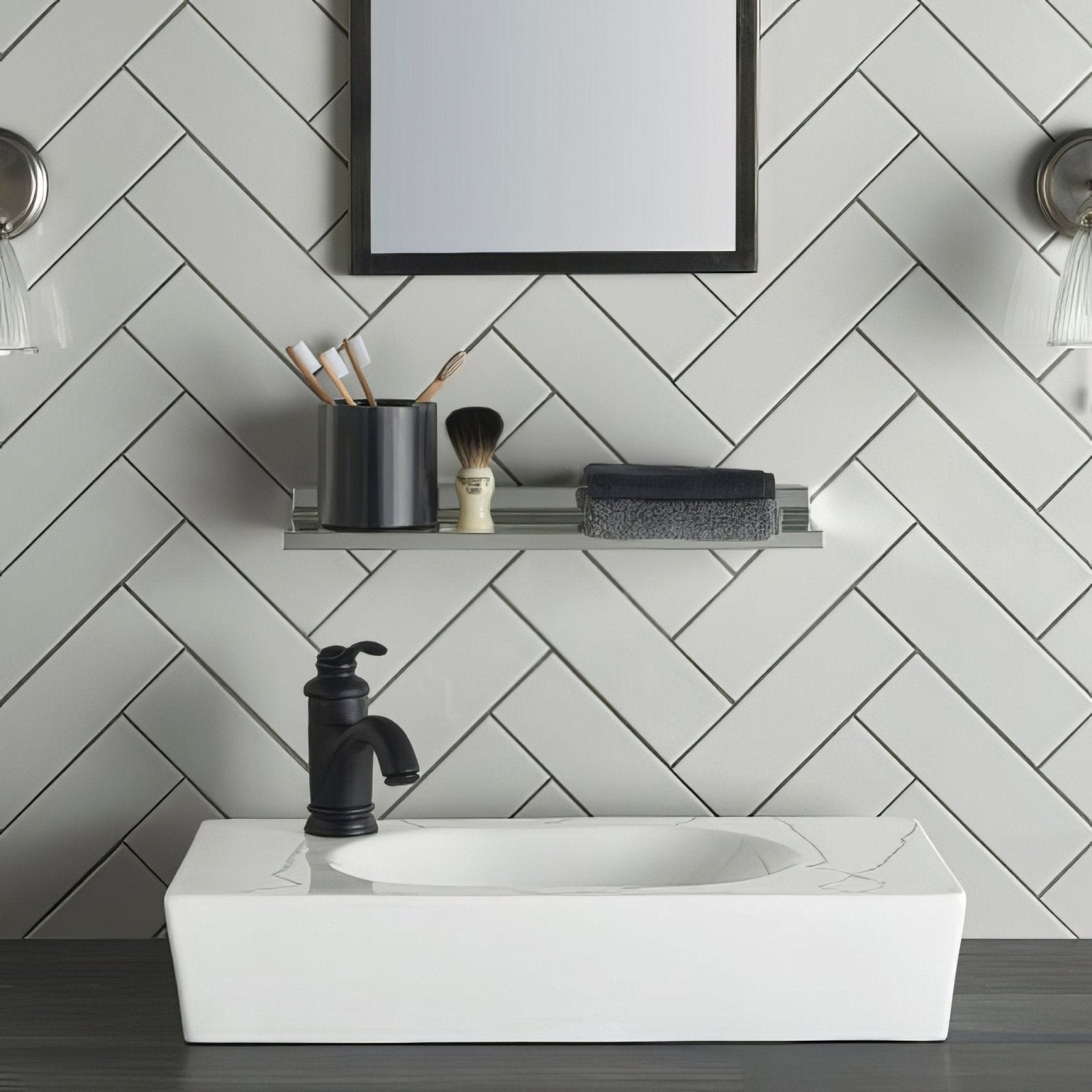 White rectangular vessel sink with black matte faucet on chancel grey large brick countertop
