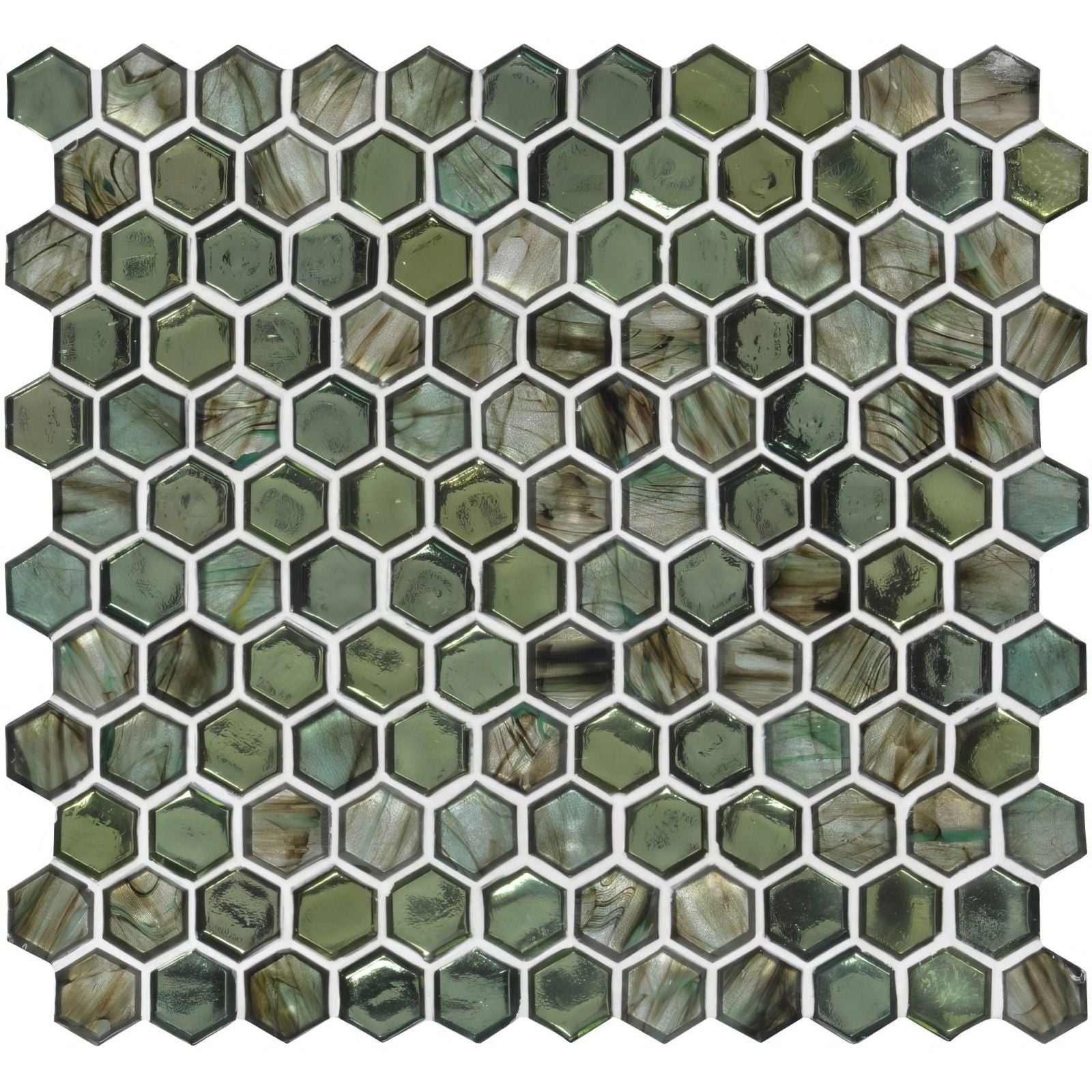 Hexagonal chanda glass mosaic tile with glossy iridescent green and brown shell-like finish