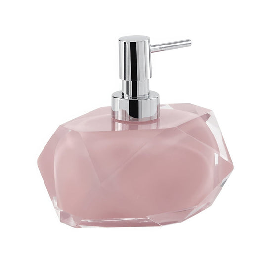 Chanelle soap dispenser pink with translucent faceted glass body and sleek chrome pump for bathroom or kitchen use
