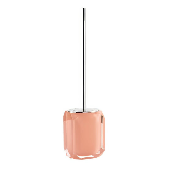 Chanelle toilet brush peach with a peach-colored faceted glass holder and sleek chrome stem for bathroom use