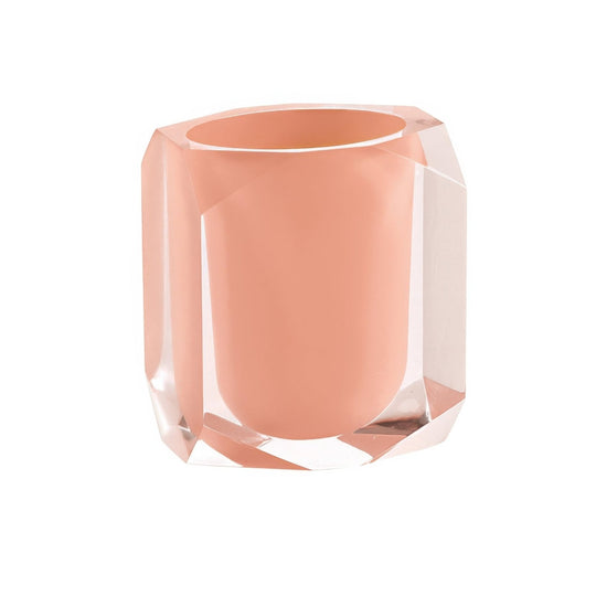 Chanelle tumbler pink translucent peach-colored glass toothbrush holder with faceted geometric design