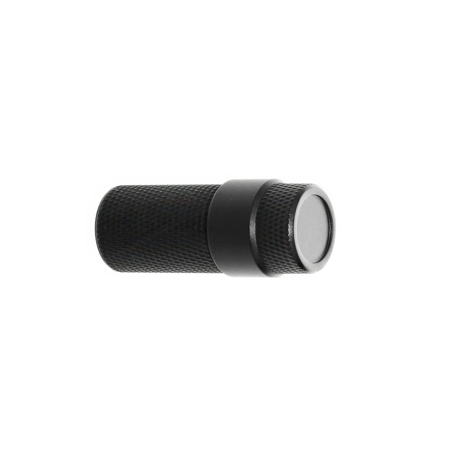 Channing hook black flashlight with black textured cylindrical body matte finish and knurled grip for secure hold