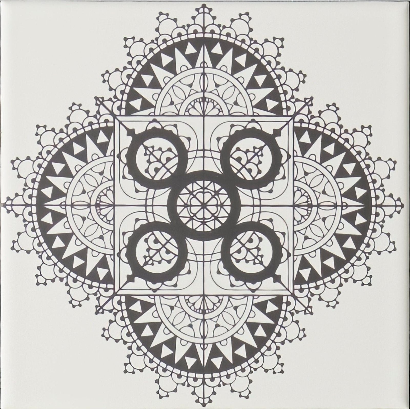 Black and white intricate mandala design with symmetrical geometric patterns on chantilly grey fabric on brilliant white background