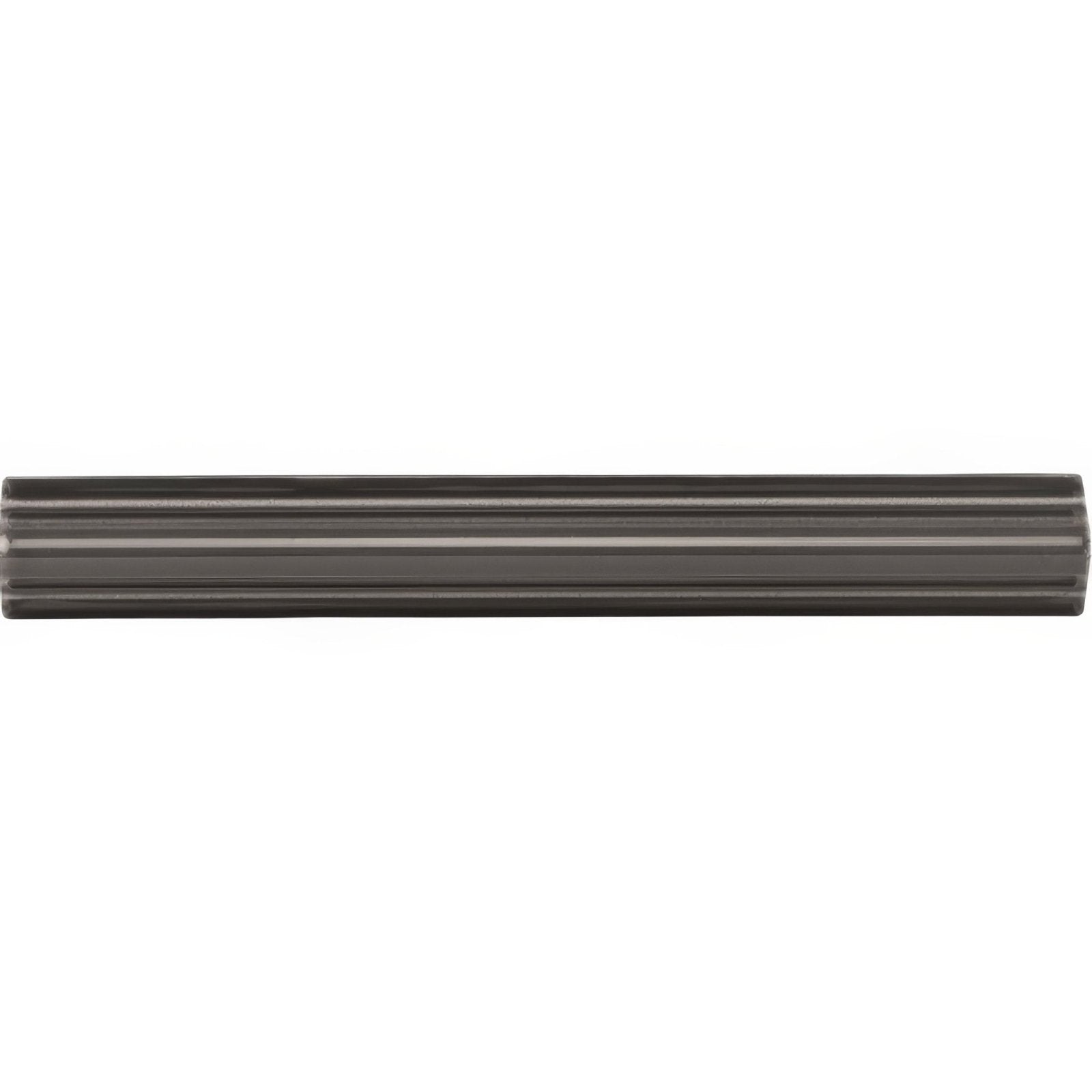 Charcoal grey astragal moulding with dark gray glossy ceramic tile featuring horizontal ridged texture