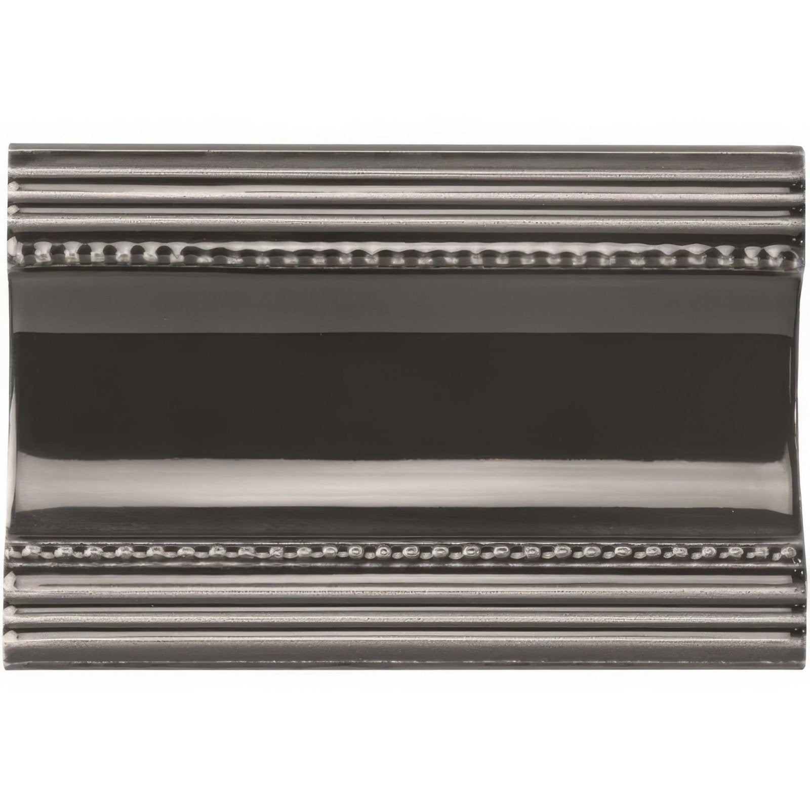 A sleek glossy black ceramic charcoal grey plain cornice tile with raised ridges and beaded decorative border