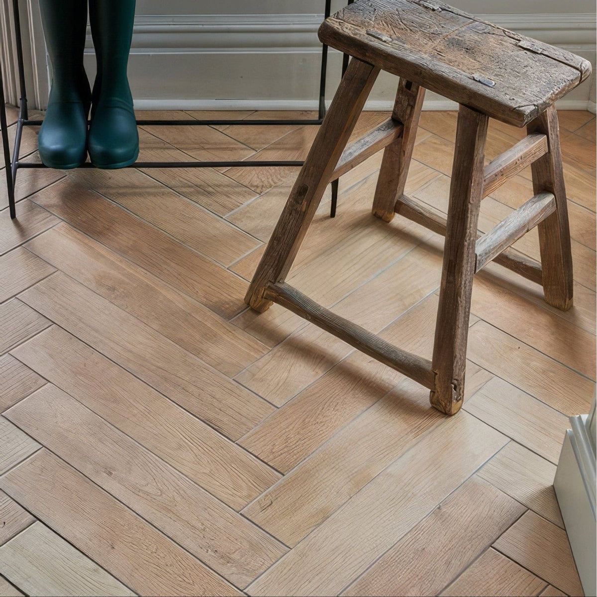 Weathered wooden stool chatham porcelain oak with rustic handcrafted legs and worn textured top