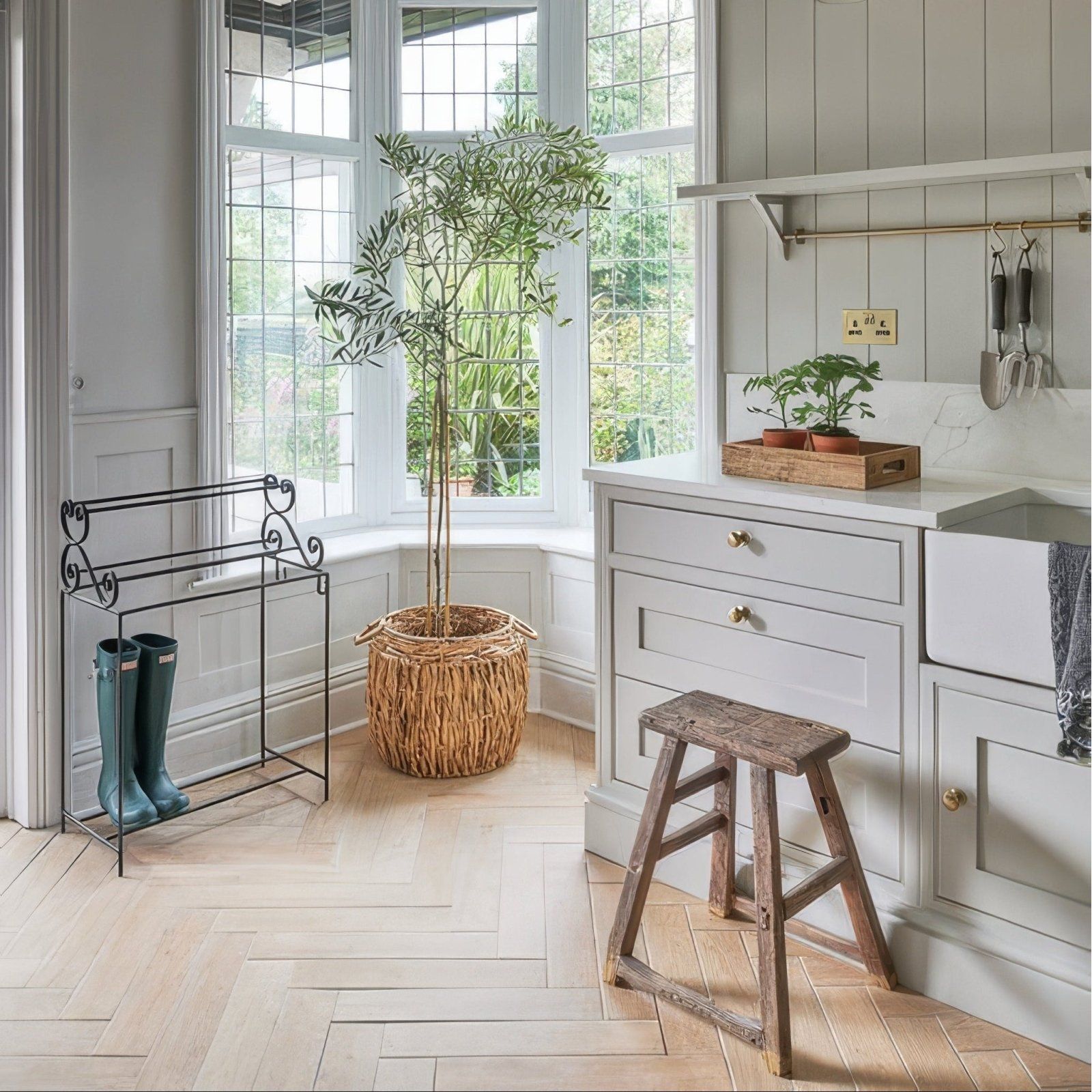Woven wicker basket holding a tall olive tree as part of the chatham porcelain oak product display