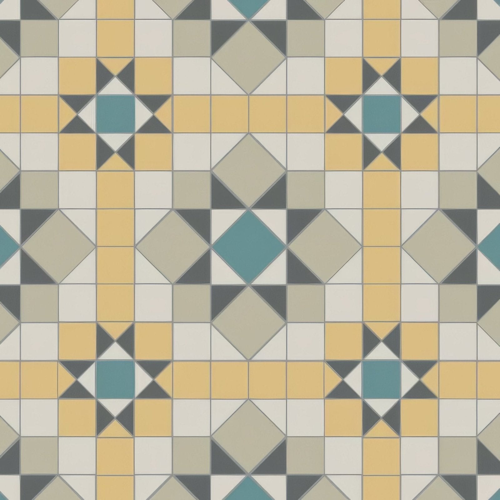 Geometric patterned floor tile with repeating yellow teal gray and off-white squares and diamonds in chatsworth blue chester mews dover white hawthorn yellow and revival grey colors