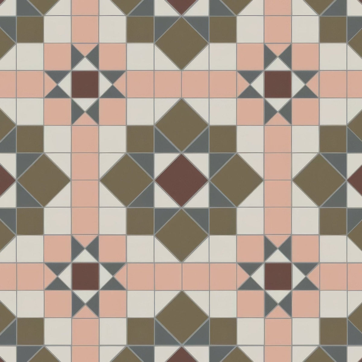 Geometric patterned terracotta and slate floor tile with cream accents in chatsworth brown carnation pink dover white green and revival grey