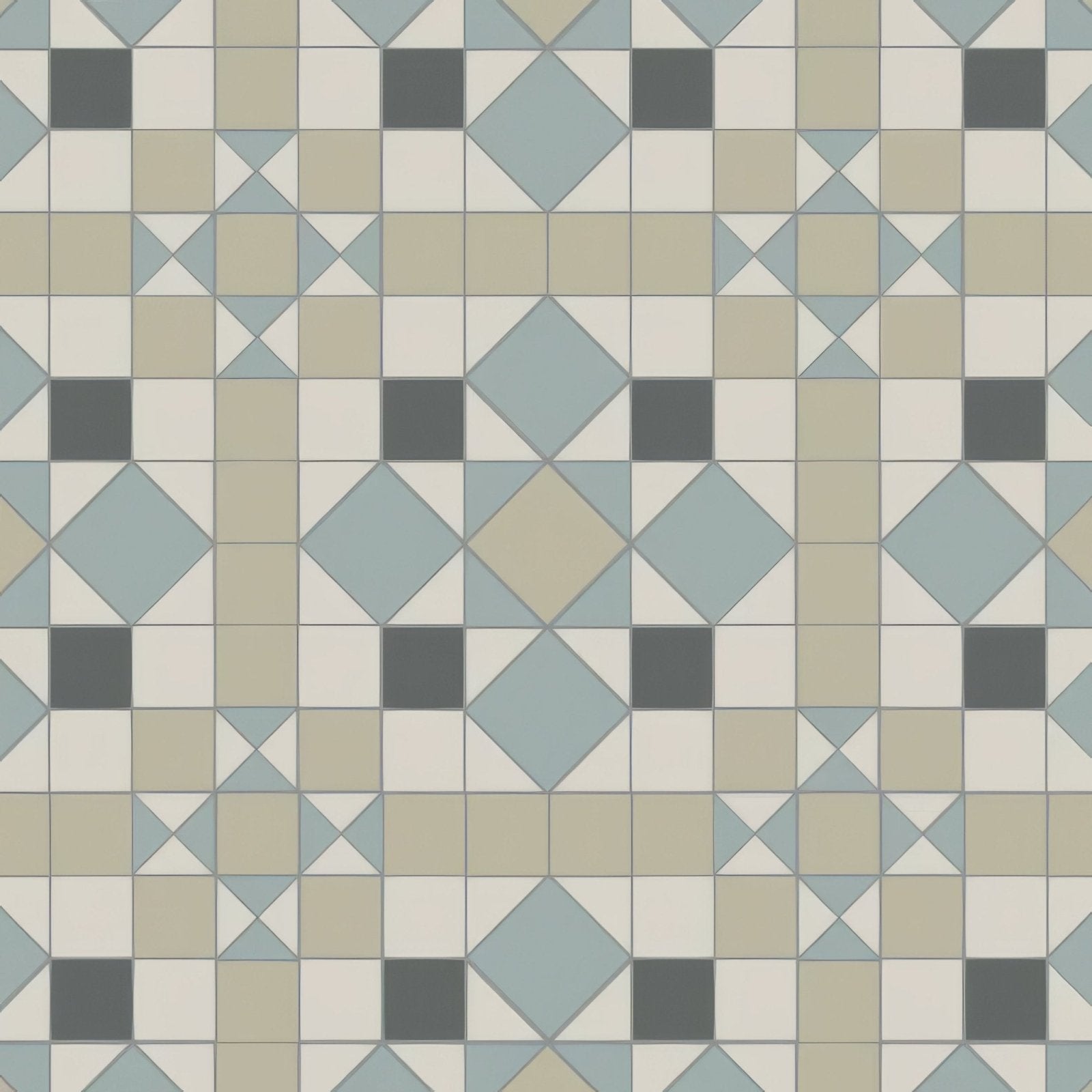 Geometric patterned tile floor in chatsworth dover white chester mews grey and revival grey with blue beige and dark gray shapes