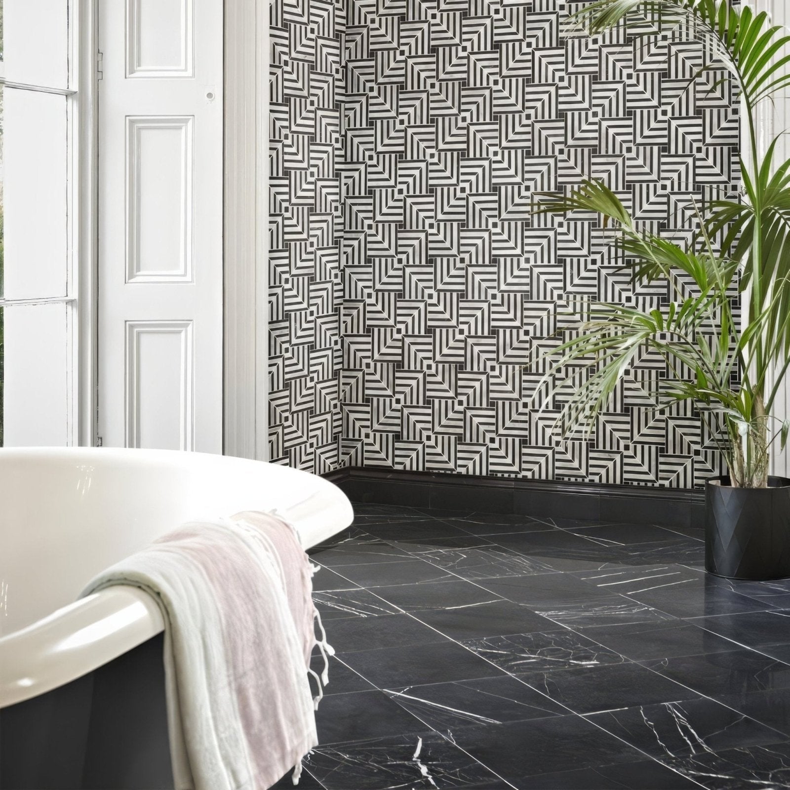 Chequers Court black marble-effect floor tiles with white veining featuring a sleek polished finish