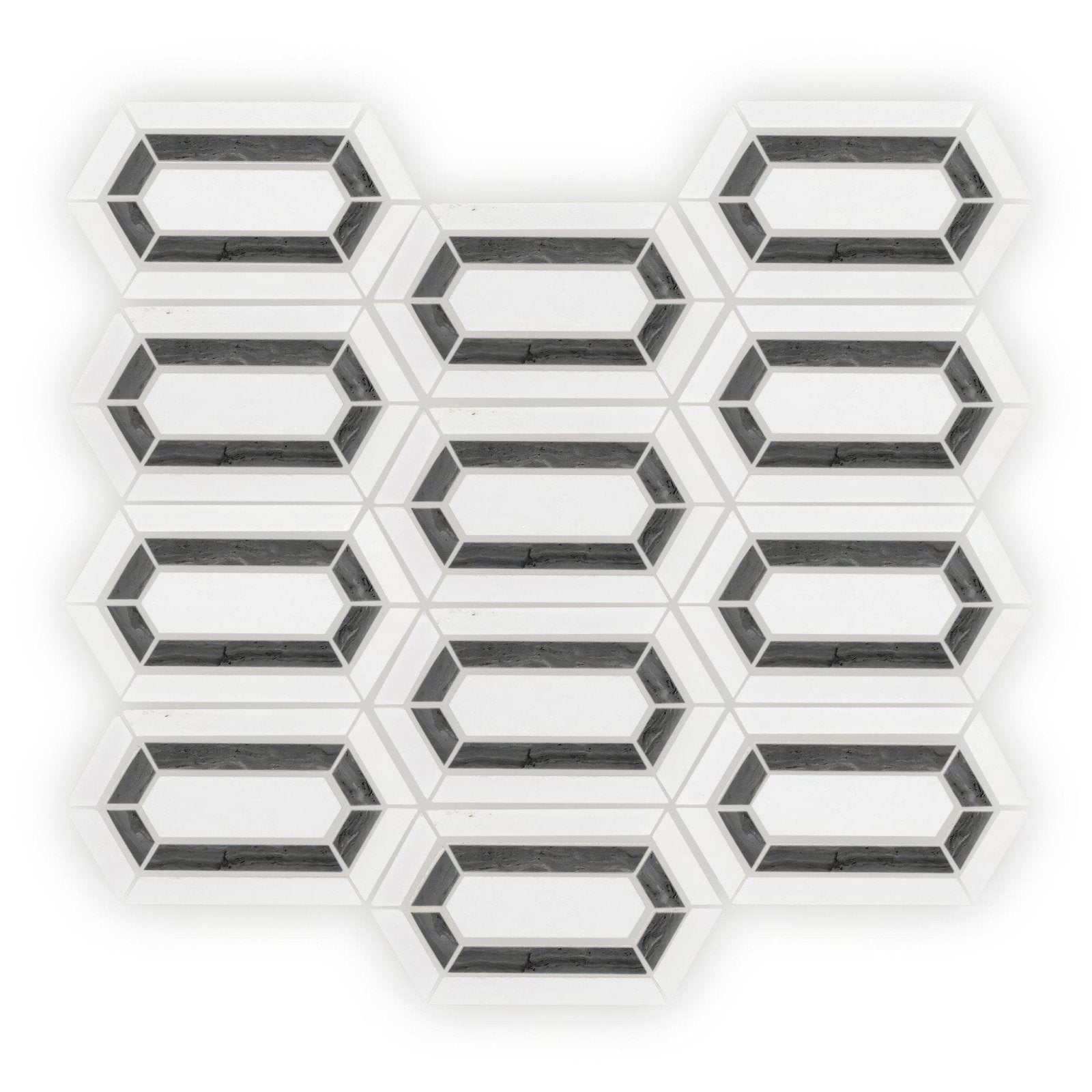 White and black hexagonal mosaic tile with sleek modern design in chequers court double hexagon pattern