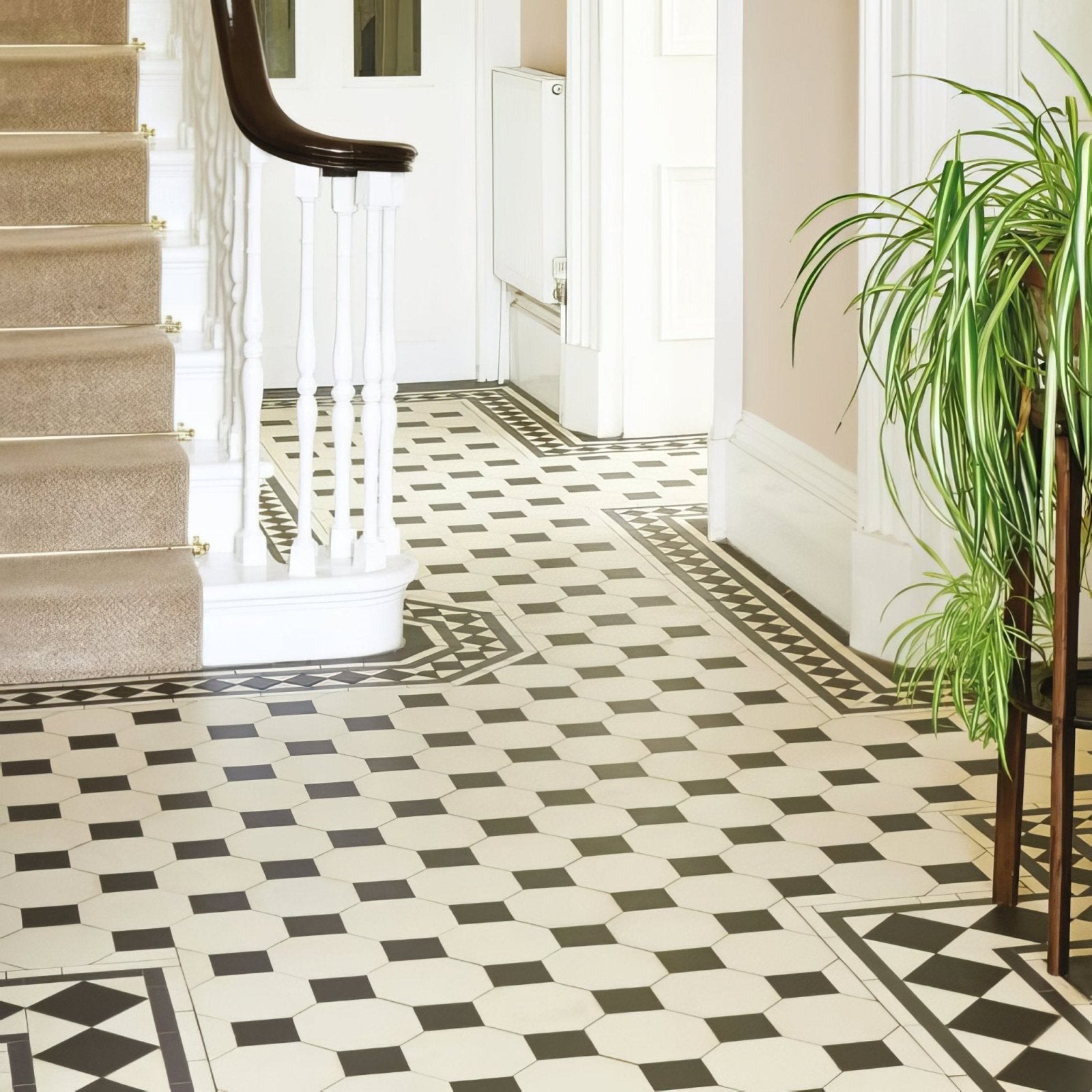 Black and white geometric patterned hexagonal floor tiles in chesterfield black and dover white design