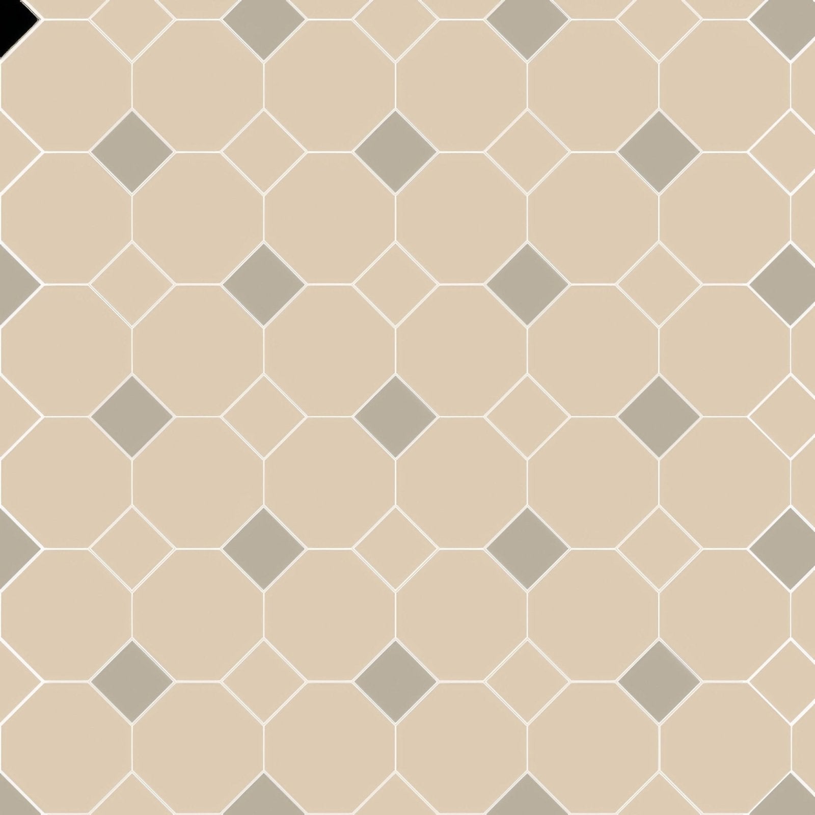 Beige and gray hexagonal tile pattern with diamond accents from chesterfield white and chester mews collection