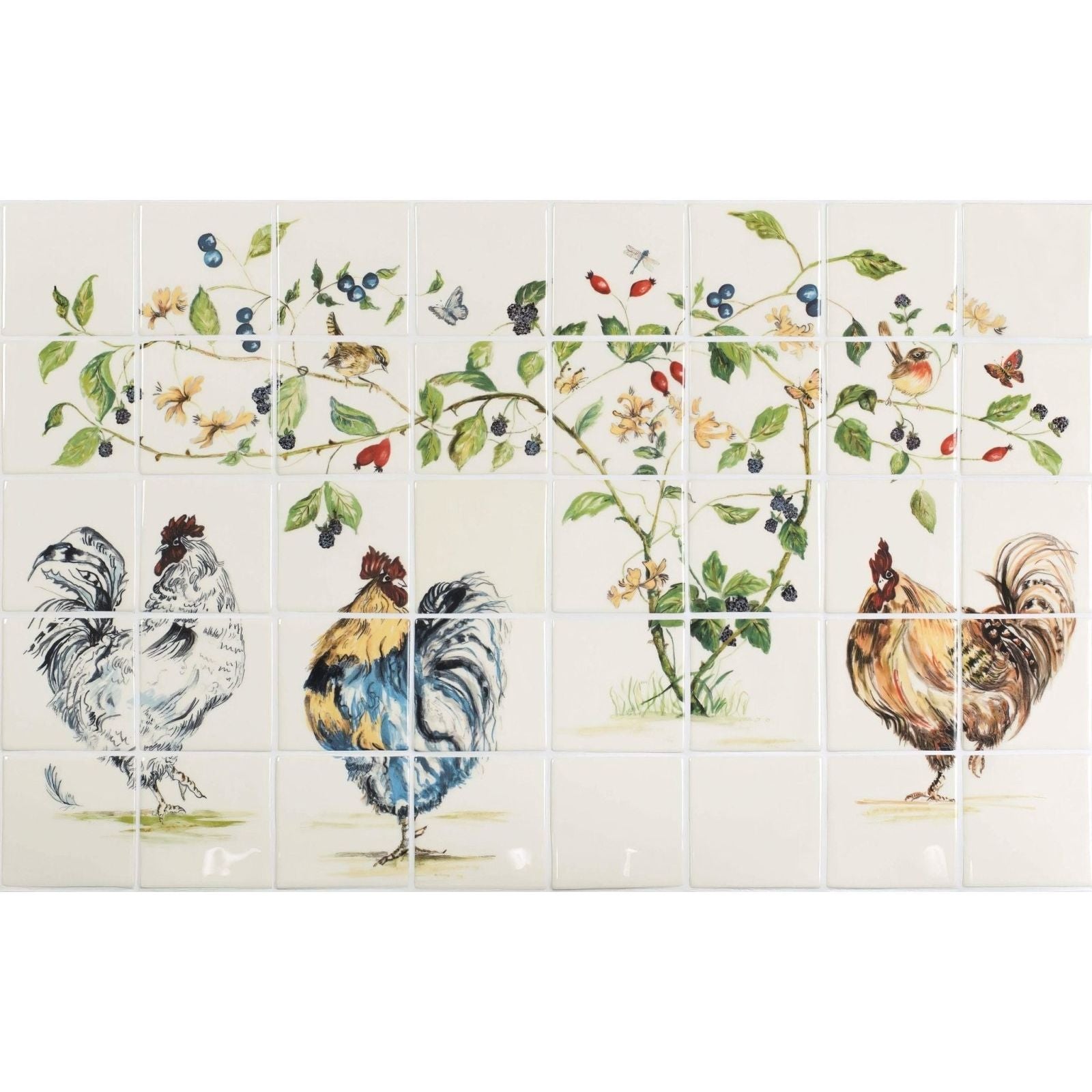 Chicken coop 40 tile panel decorative ceramic tile mural with hand-painted roosters birds and berry vines on cream background