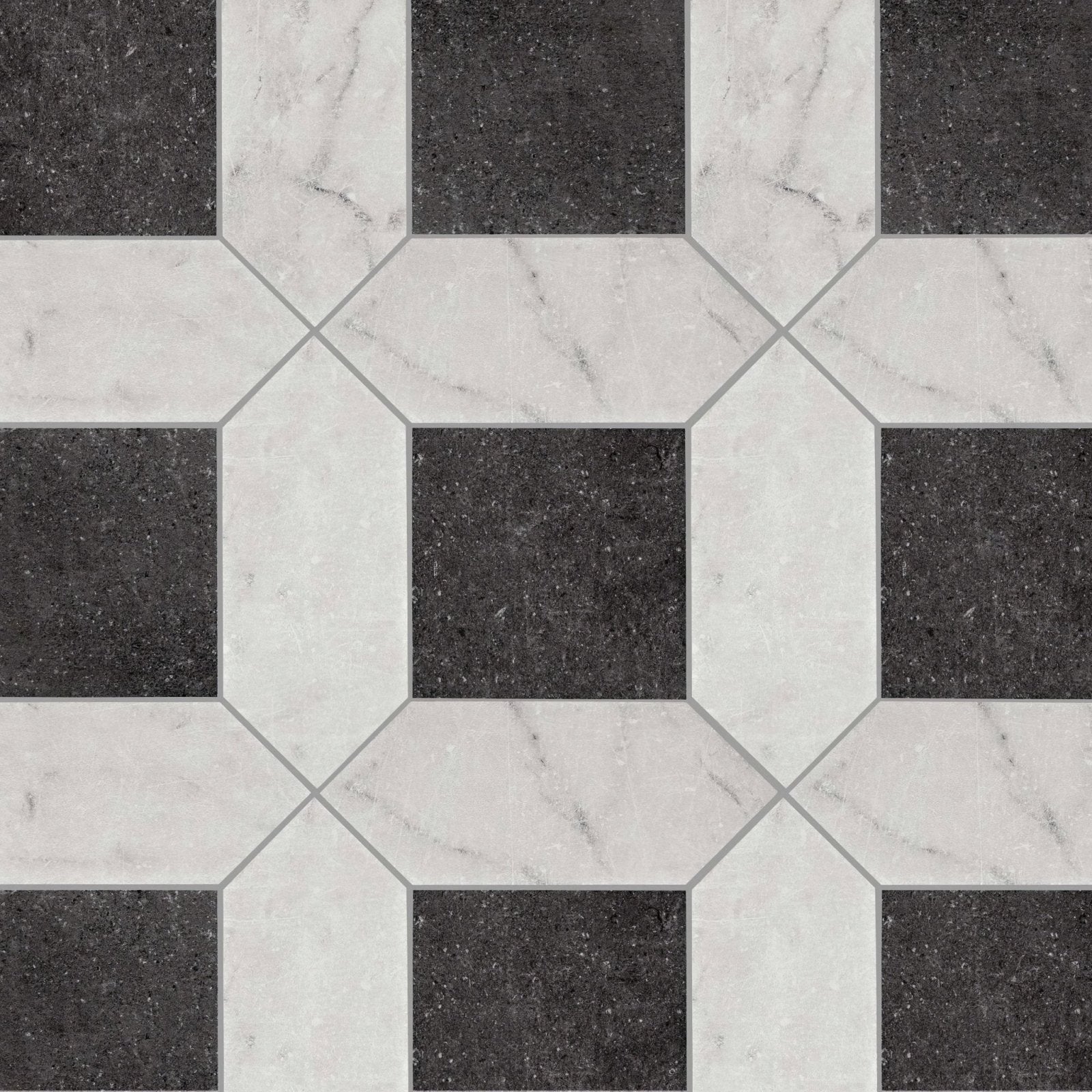 Chiesa Black marble-effect floor tiles in black and white arranged in a geometric pattern for stylish flooring