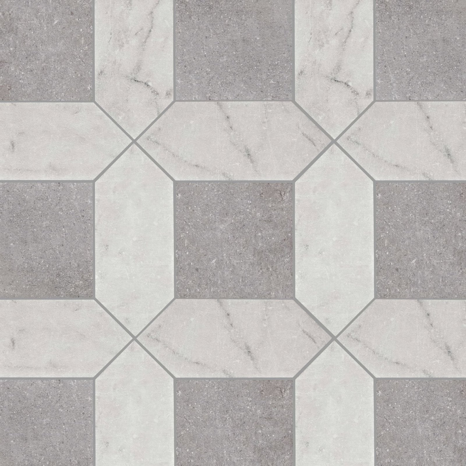 Chiesa grey gray and white marble effect floor tiles arranged in a geometric pattern for modern interiors