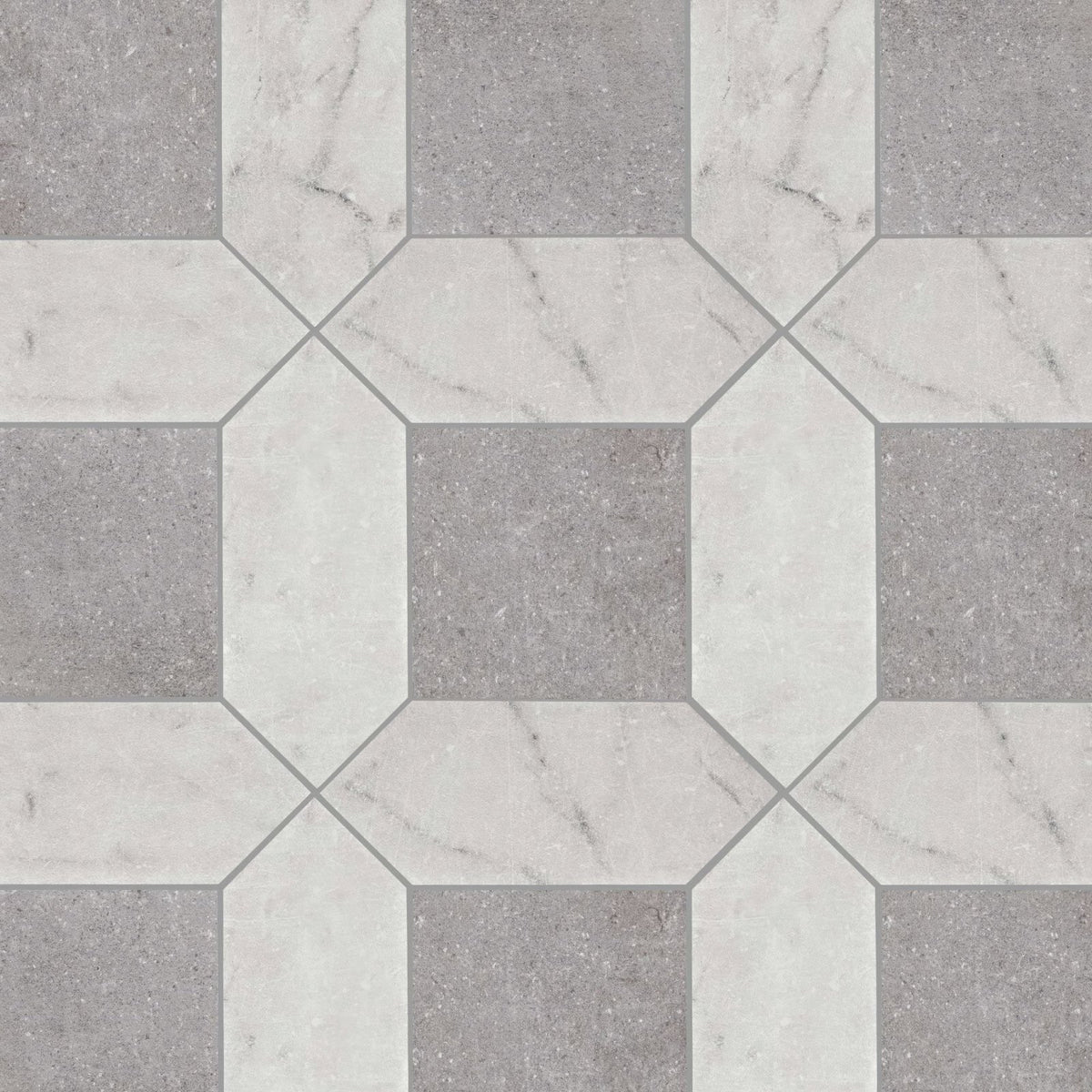 Chiesa grey gray and white marble effect floor tiles arranged in a geometric pattern for modern interiors