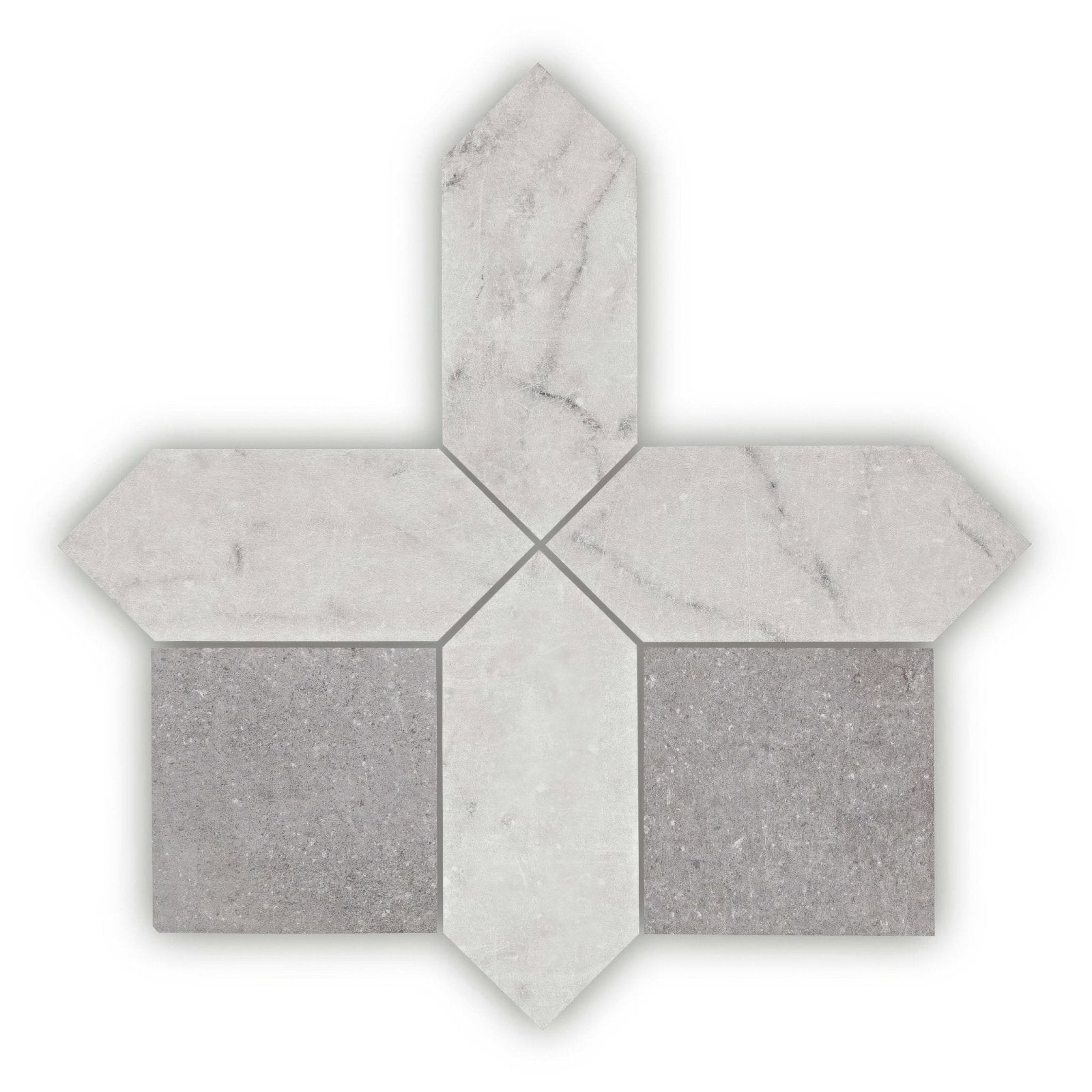 White and gray marble mosaic tile chiesa grey with a cross like geometric pattern for elegant wall or floor decor