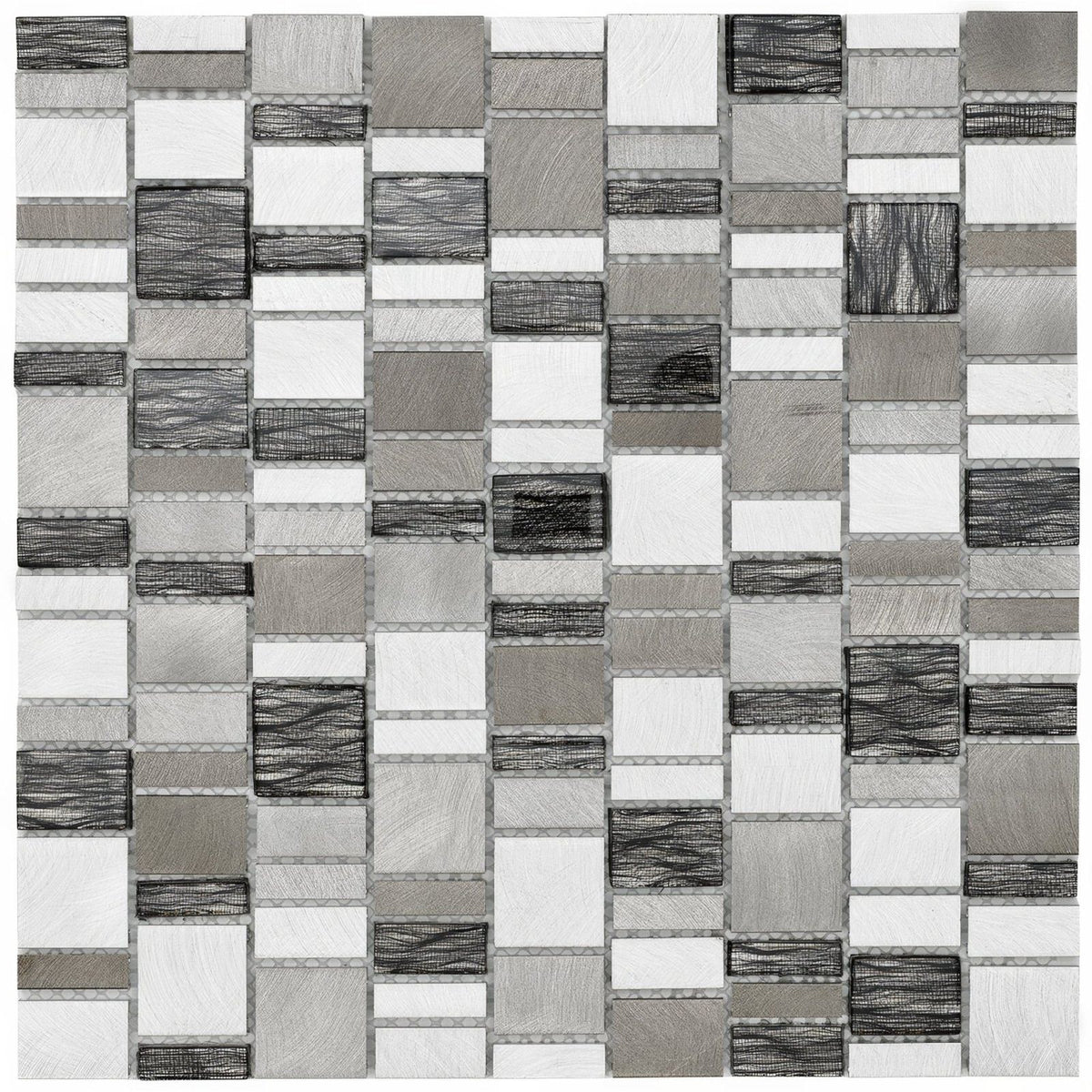 Gray and white textured mosaic tile panel with modern geometric pattern in chrome copper glass and metal linear mix size mosaic