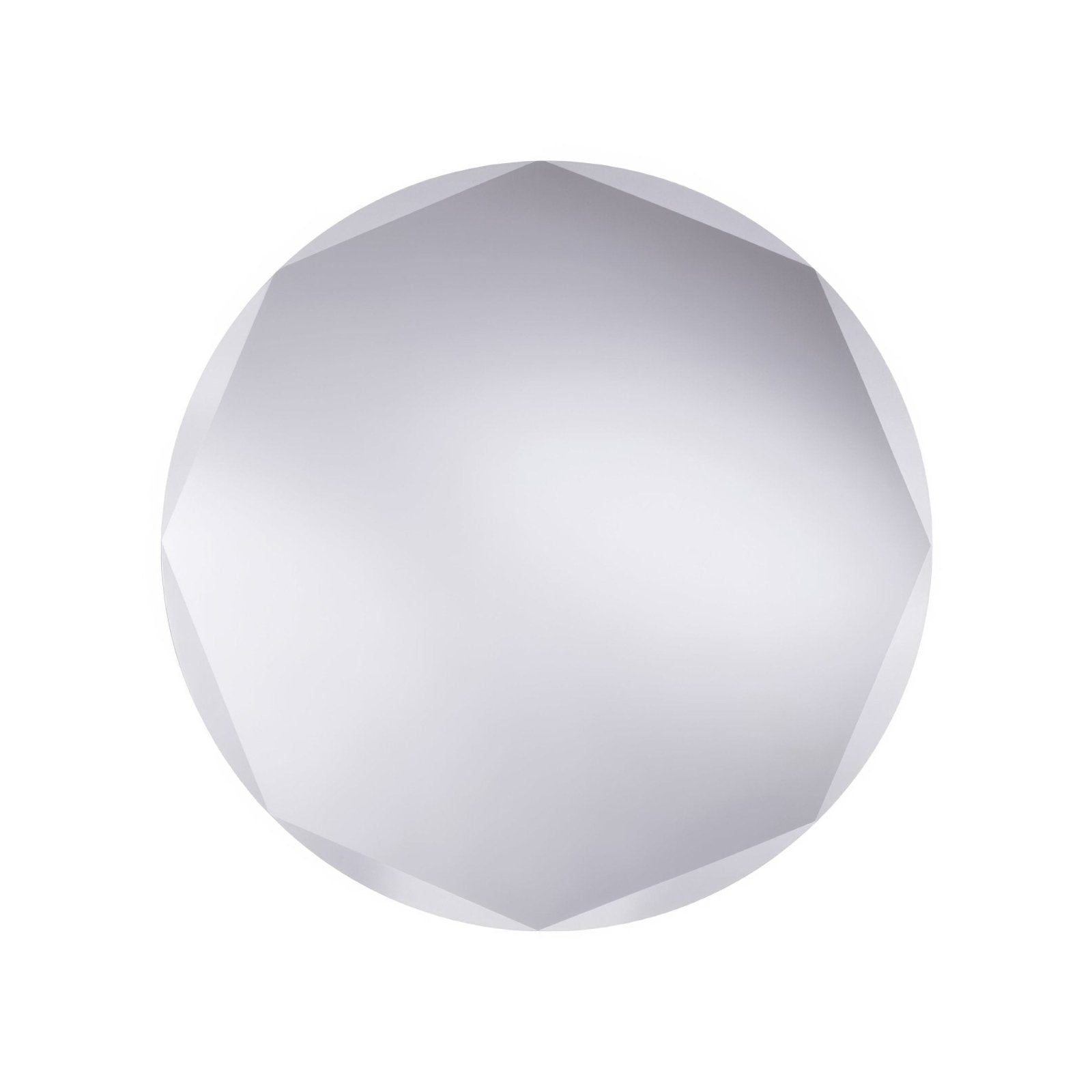 Circle edge mirror featuring a faceted translucent white crystal bead with a geometric multifaceted design