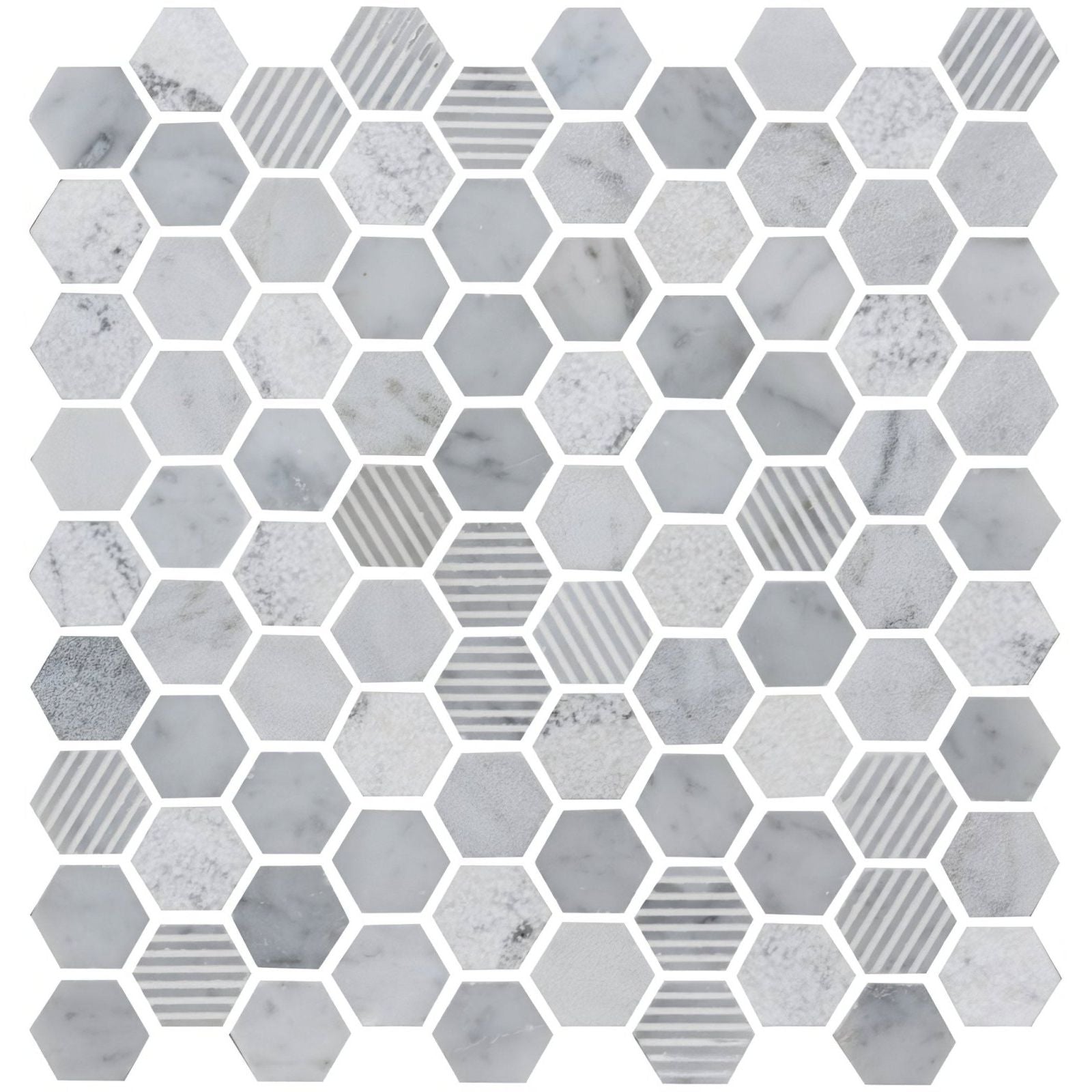 Cirrus small stone hexagon white and gray marble hexagonal mosaic tile with subtle veining and fine horizontal stripes