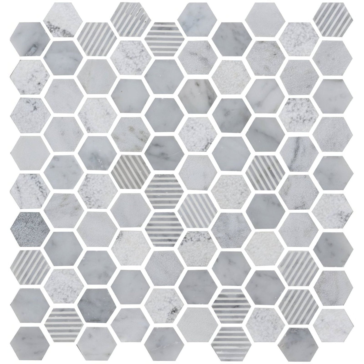 Cirrus small stone hexagon white and gray marble hexagonal mosaic tile with subtle veining and fine horizontal stripes