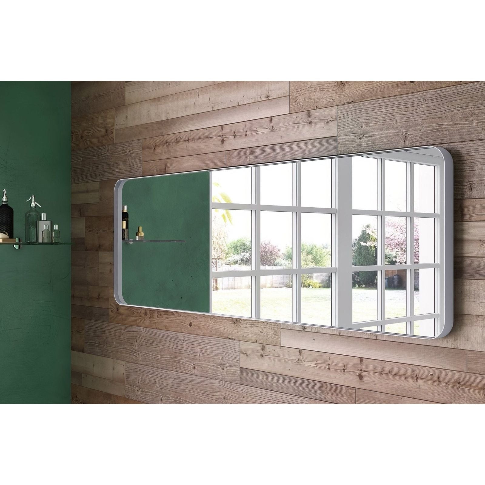 White-framed city mirror 150x50cm with windowpane design and built-in left side shelf for home decor