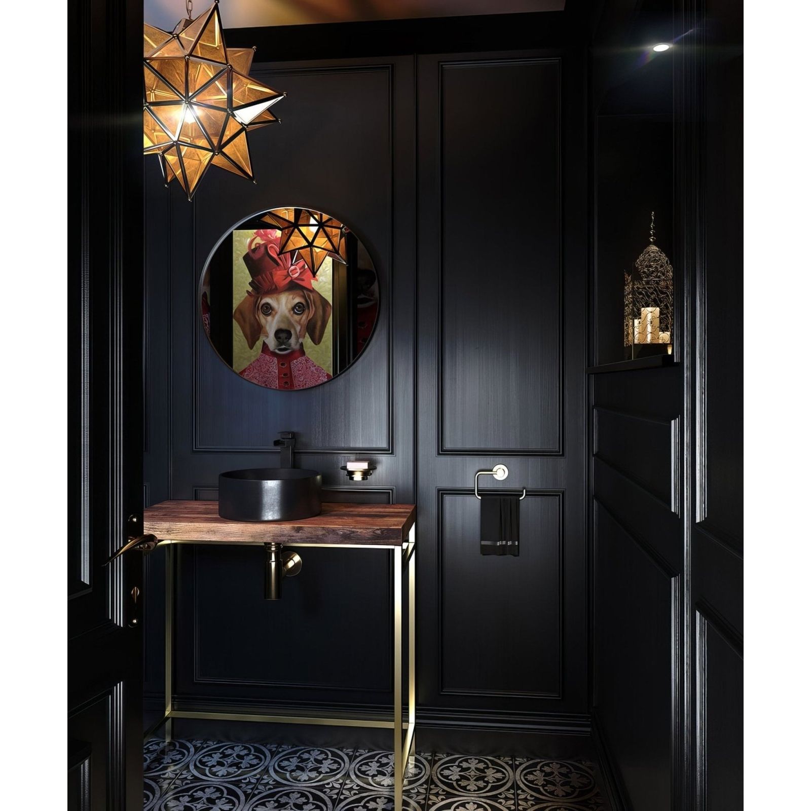 Black matte sink with sleek modern design and integrated faucet featured beneath city round mirror 60cm black