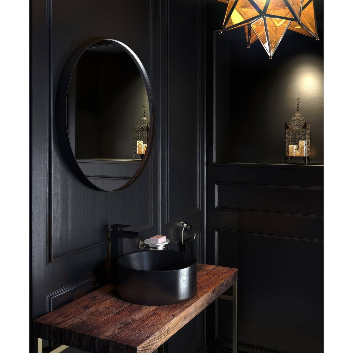 Black matte ceramic vessel sink with sleek modern design paired with city round mirror 80cm black