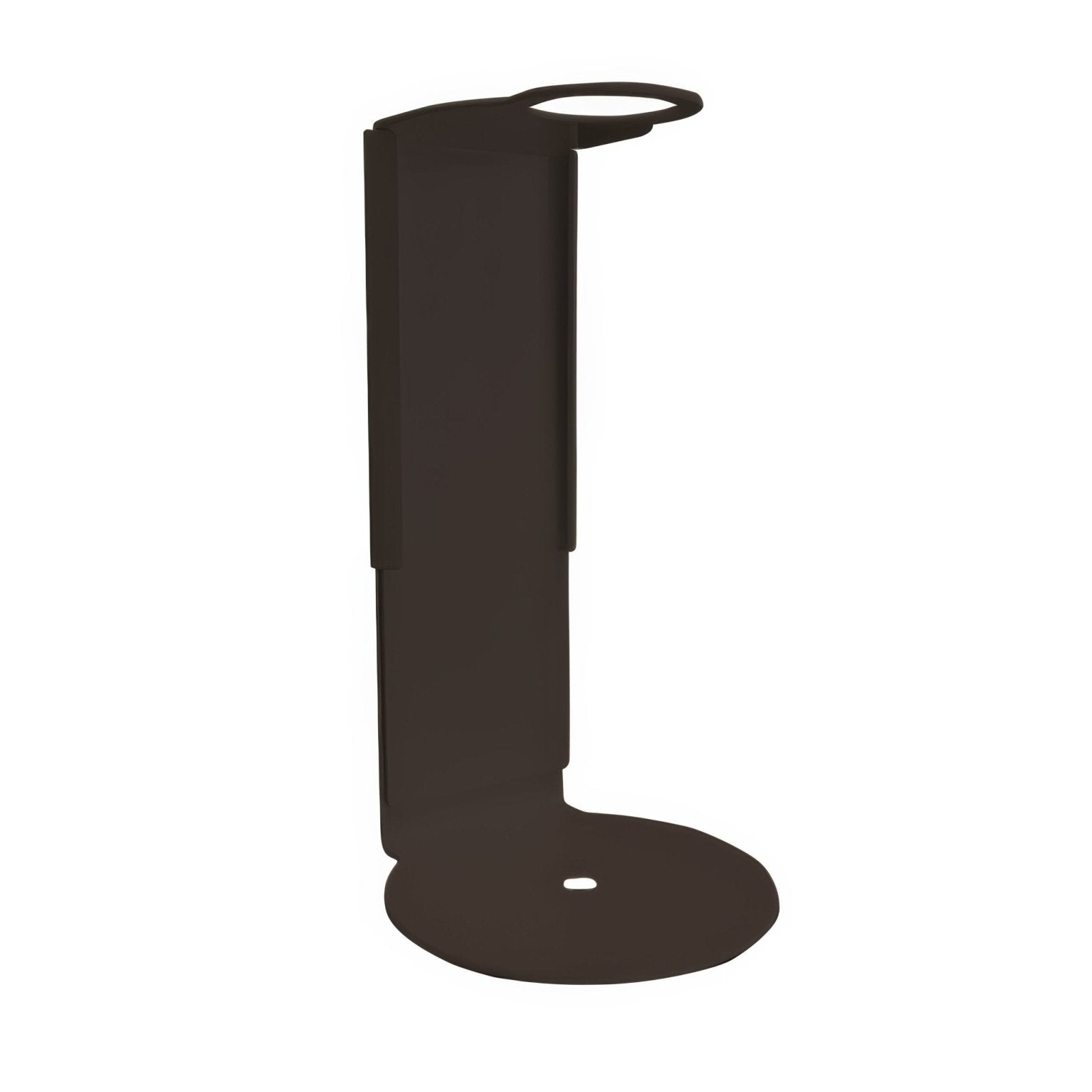 Black metal wall-mounted clam bracket holder with circular top and flat base for dispenser bottle in black