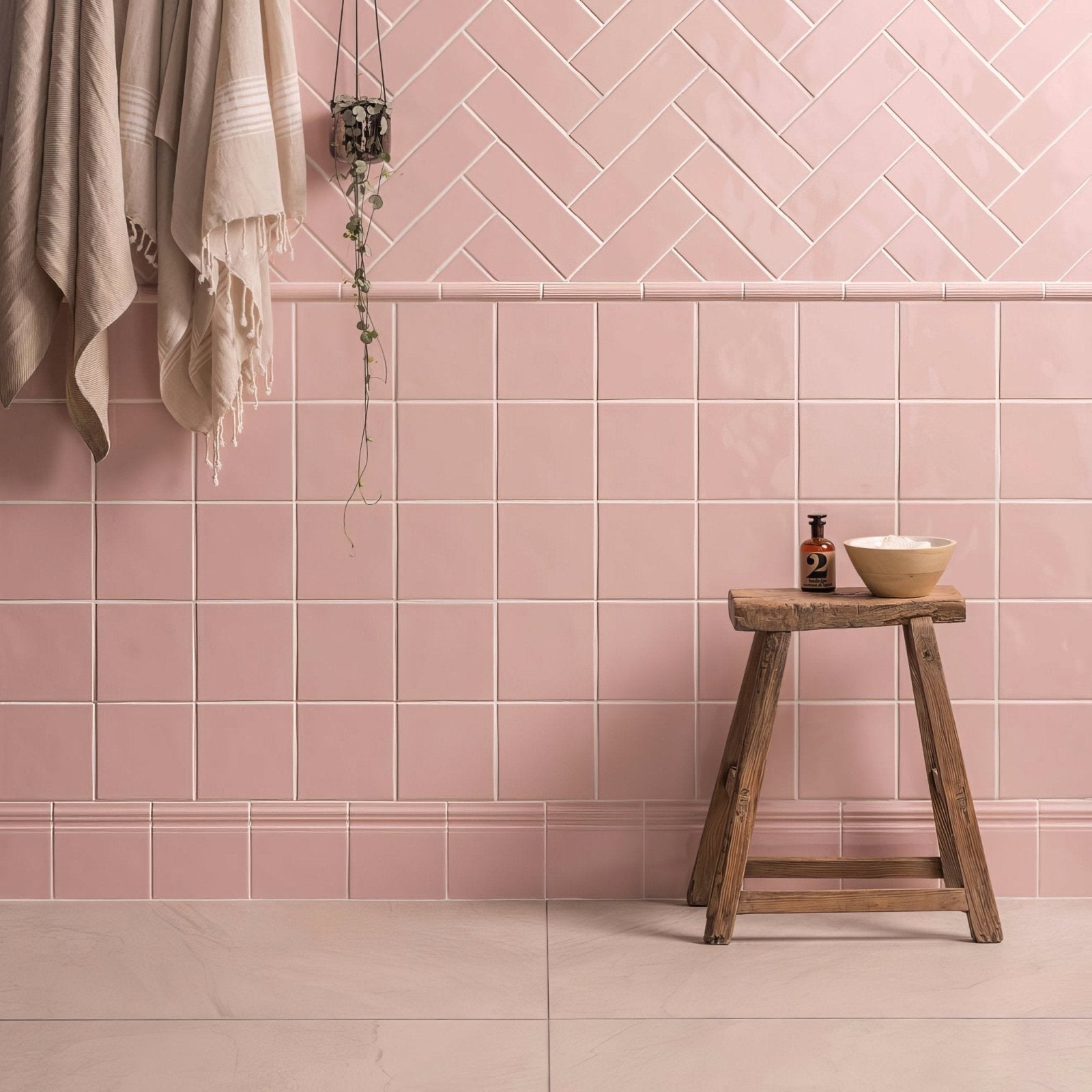 Soft pink herringbone patterned brick tile clare with matte finish ideal for stylish wall installations