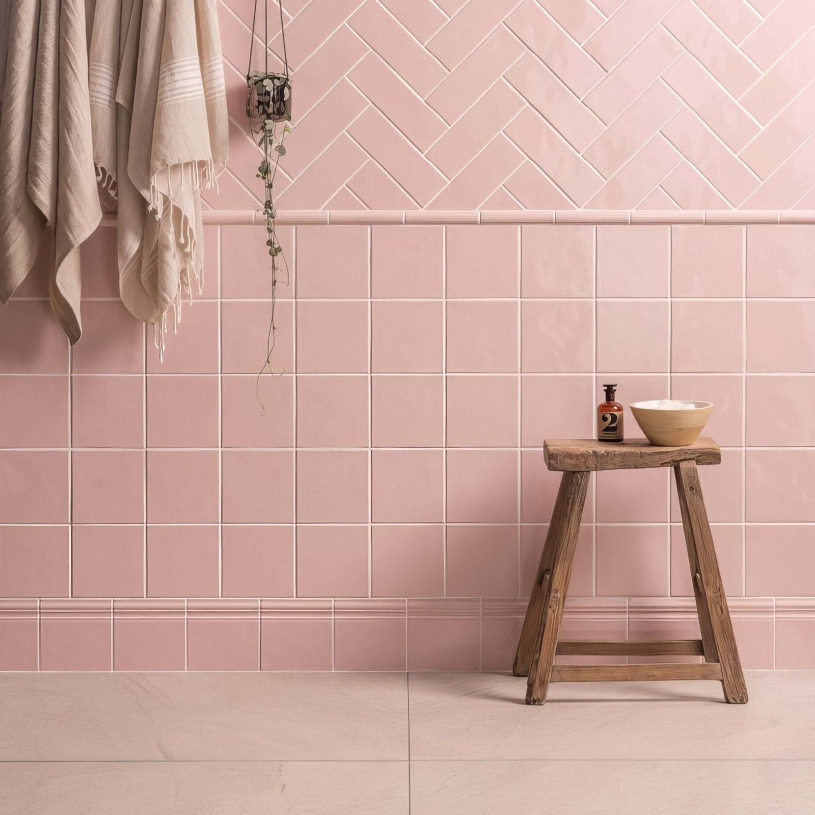 Clare field tile with soft pink herringbone pattern and matte finish for stylish wall decoration