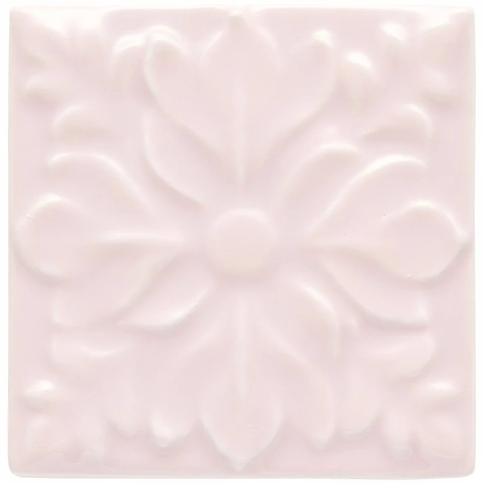 Clare Hampstead off-white ceramic tile with embossed floral design featuring raised petals and a central circular motif