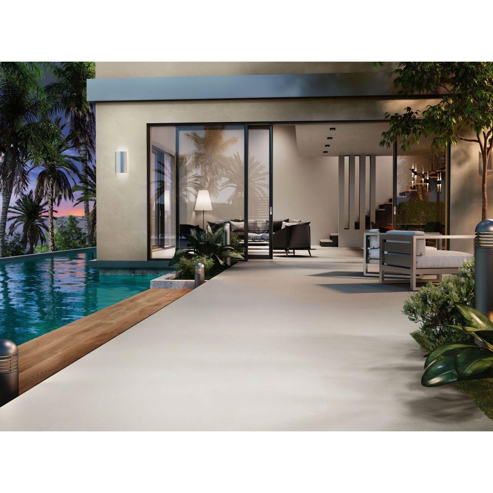 Modern minimalist outdoor patio featuring cleveland 1833 bone matt tiles with sleek glass doors and an infinity pool
